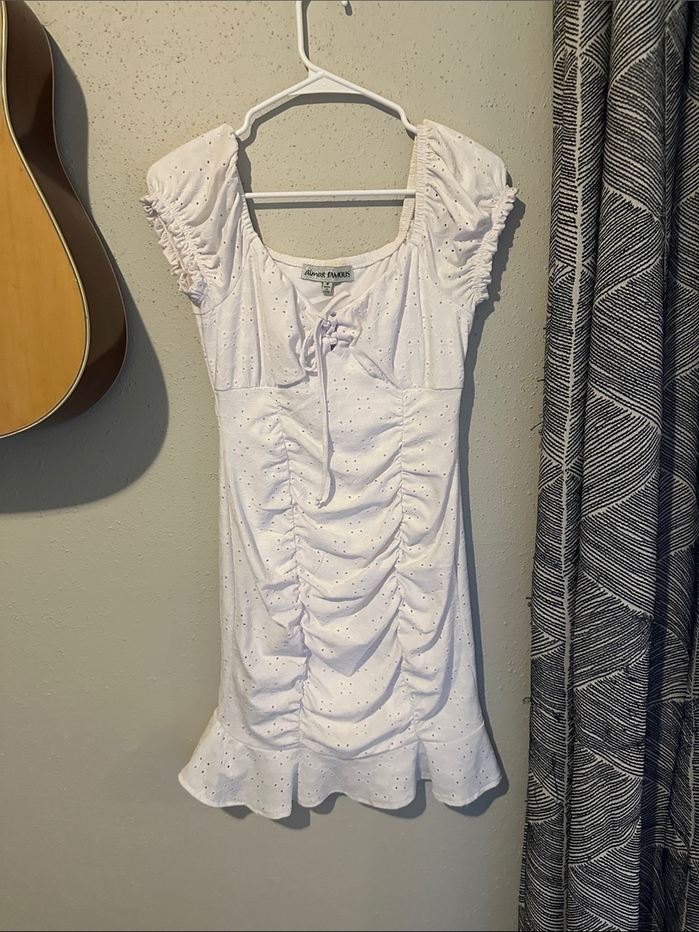 Almost Famous White Eyelet Ruched Mini Dress